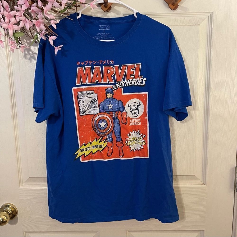 Marvel Comics Captain America Super Heroes Blue Toy Figure T-Shirt New Large tag